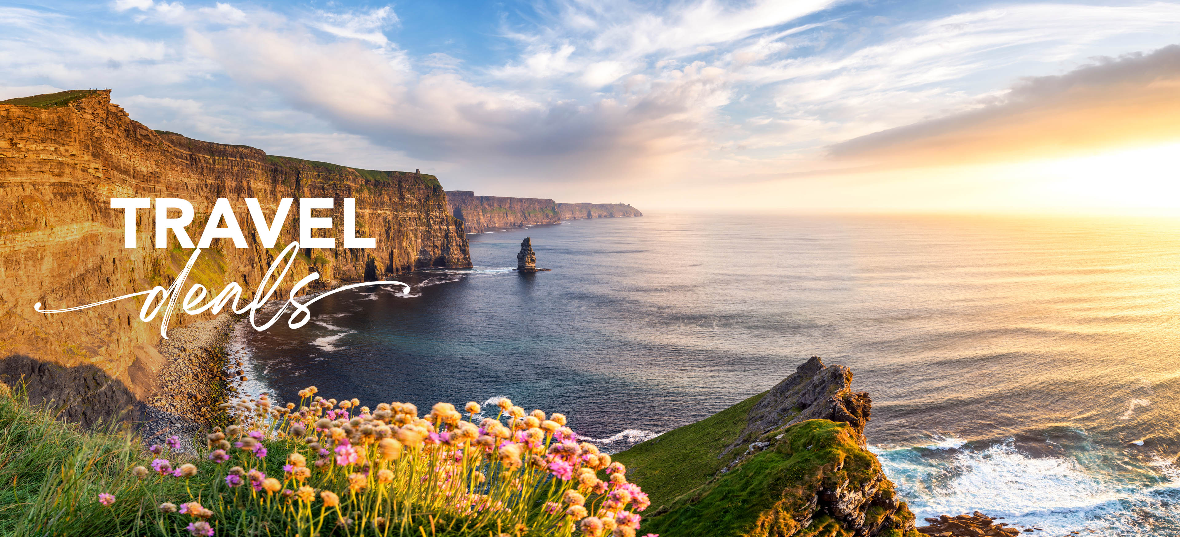 Scenic view of the Cliffs of Moher in Ireland at sunset with wildflowers in the foreground, promoting CIE Tours travel deals